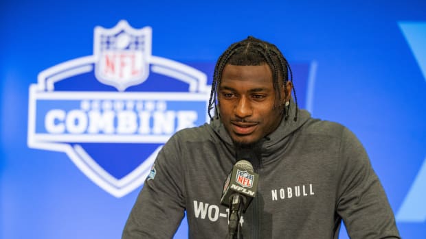 South Carolina wide receiver Xavier Legette (WO14) talks to the media during the 2024 NFL Combine at Lucas Oil Stadium.